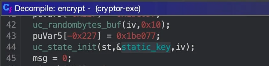 Decompilation of the encrypt function. The code initialises random bytes and inits the state of the encryptor.