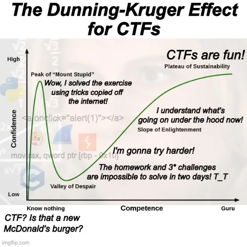 CTFs explained through the Dunning-Kruger effect. I'm sure there are a lot more trenches.