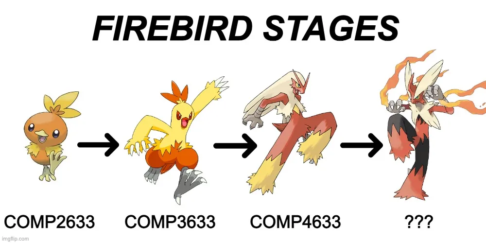Evolution stages of a firebird trainee.