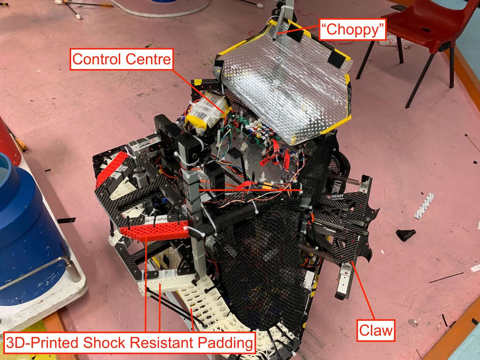 Annotated photo of HKUST Fiery Dragon's Robocon 2021 Defence Robot