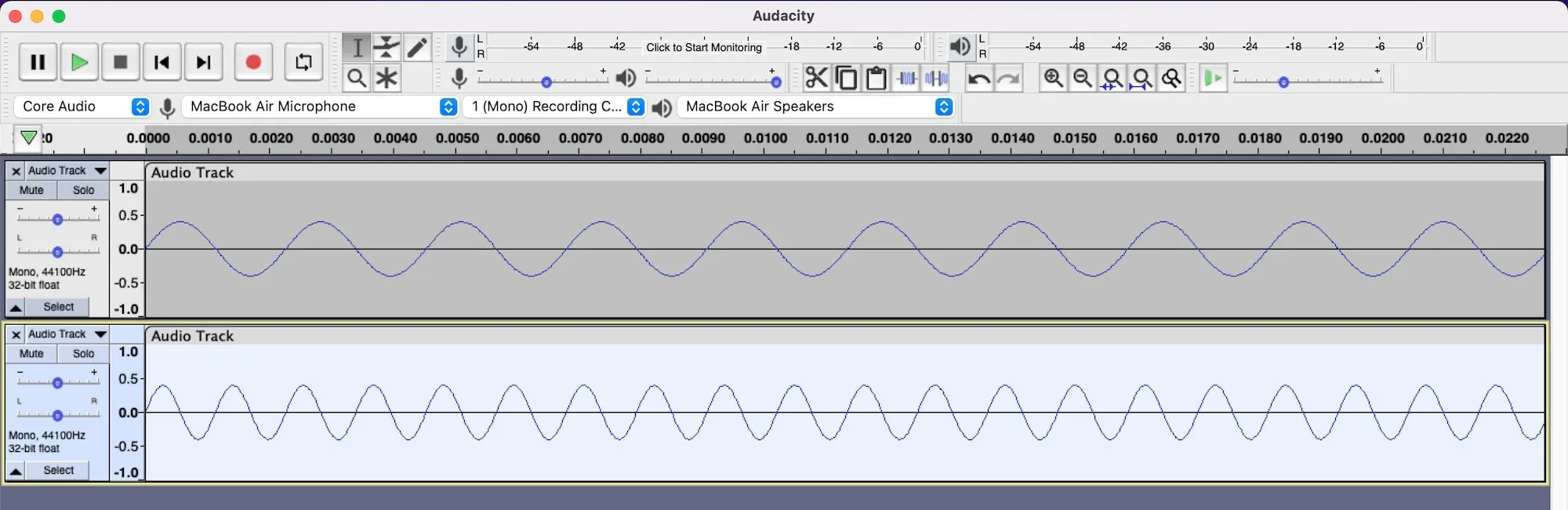 Screenshot of Audacity with the 440 Hertz and 880 Hertz sine tone.